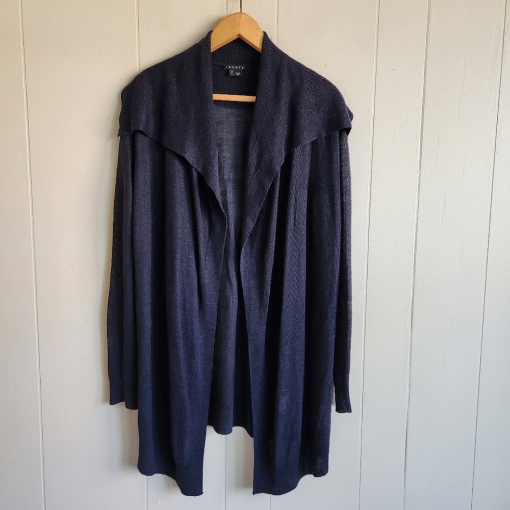 Theory Winxie Sag Harbor open front long cardigan blue oversized collar nautical